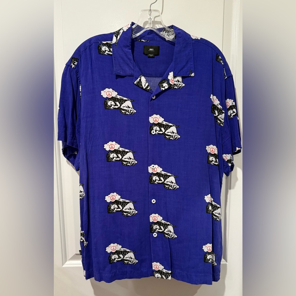 OBEY button down jacques camp short sleeve shirt sleeping angels peace - IN BLUE